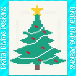 May include: A pixelated Christmas tree design in shades of green, with red ornaments and a yellow star on top. The image is framed with the text "Digital Divine Designs" in white on a blue background.