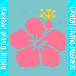May include: A pixel art design of a pink hibiscus flower with a yellow center on a light blue background. The design is surrounded by the text "Digital Divine Designs".