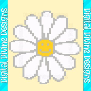 May include: A pixel art design of a white daisy with a yellow center and a smiley face. The daisy is on a light yellow background.
