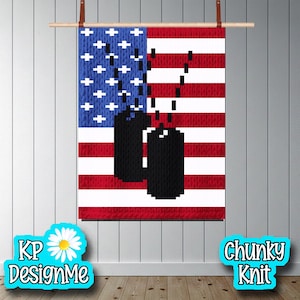 May include: Chunky knit wall hanging featuring an American flag design with blue stars and red and white stripes. Two black dog tags hang in front of the flag. The words "KP DesignMe" and "Chunky Knit" are in the image.
