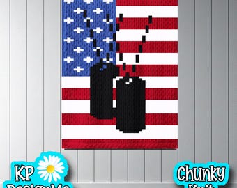 American Flag Dog Tags Blanket Pattern: Chunky Finger Knit (Digital Download)