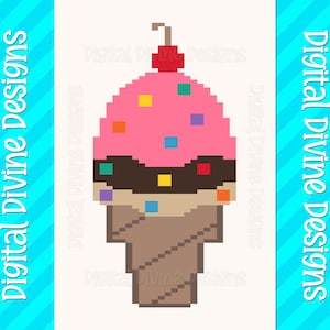 Könnte beinhalten: Pixel-Art-Illustration eines Eisbechers mit einer rosafarbenen Eiskugel, Schokoladentopping und bunten Streuseln. Der Eisbecher hat eine rote Kirsche oben drauf.