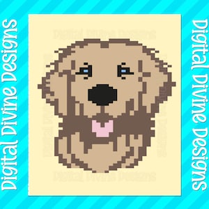 May include: Pixelated image of a Golden Retriever dog's face. The dog is light brown with a black nose, blue eyes, and a pink tongue. The image is on a light yellow background with the text "Digital Divine Designs" in white on a blue striped border.