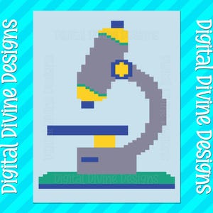 May include: A pixelated illustration of a microscope in gray, yellow, and blue. The image is set against a light blue background with the text "Digital Divine Designs" in white. The design is repeated around the image.