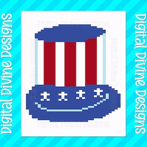 Könnte beinhalten: Eine digitale Illustration eines Uncle-Sam-Hutes in Rot, Weiß und Blau. Der Hut hat einen blauen Rand mit weißen Sternen und einen blauen Oberteil mit roten und weißen Streifen. Der Text "Digital Divine Designs" ist in Weiß um das Bild herum.