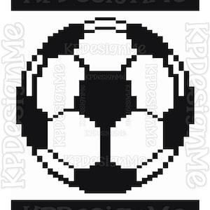 May include: A black and white pixel art graphic of a football centred between two horizontal black stripes. The football features a classic pentagonal and hexagonal pattern rendered in a blocky, digital style with sharp edges.