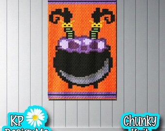 Halloween Witch's Feet in Cauldron Blanket Pattern: Chunky Finger Knit Yarn (Digital Download)