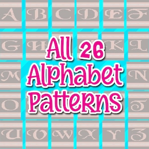 Oferta em massa de todos os 26 padrões gráficos de letras de caligrafia fofas, cobertor de malha de dedo grosso, apenas padrão para download digital, alfabeto completo correspondente