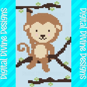 Könnte beinhalten: Pixelige Illustration eines Affen, der an einem Ast hängt. Der Affe ist braun mit einem hellbraunen Gesicht und rosa Wangen. Die Äste sind braun mit grünen Blüten, vor einem hellblauen Hintergrund. Der Text lautet "Digital Divine Designs".