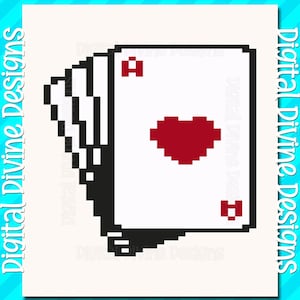 May include: Pixelated illustration of an Ace of Hearts playing card. The card features a large red heart symbol and the letter "A" in red. The words "Digital Divine Designs" are in the image.