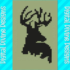 May include: A digital design featuring a black silhouette of a deer head with large antlers, rendered in a pixelated style. The design is set against a muted green background, with the text "Digital Divine Designs" in white on a blue background.