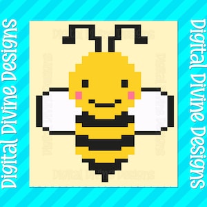 May include: Pixelated yellow and black bee illustration with white wings and pink cheeks. The image is set against a light yellow background, framed by a blue border with the text "Digital Divine Designs".