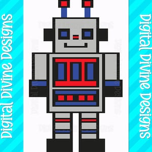 May include: A pixelated robot illustration with a gray body, black limbs, and red and blue accents. The robot has a smiling face and two antennae. The words "Digital Divine Designs" are written around the image.