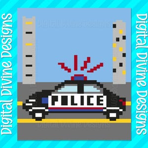 May include: Pixelated police car graphic with the word "POLICE" on the side, red and blue flashing lights, and a cityscape background. The image is framed with the text "Digital Divine Designs" in a teal border.