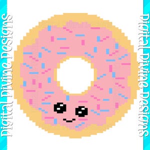 Peut inclure: Un beignet rose pixelisé avec des pépites bleues et roses et un visage souriant. Le beignet est entouré d'une bordure jaune.