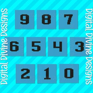 May include: A digital design featuring the numbers 0 through 9 in a pixelated font, each number displayed on a square of light blue. The background is a striped pattern of light and dark blue. The text "Digital Divine Designs" is written around the image.