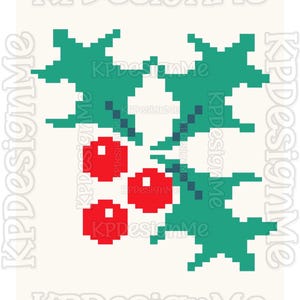 Może przedstawiać: Ilustracja w stylu pixel art przedstawiająca liście i owoce ostrokrzewu. Wzór składa się z dwóch zielonych, ząbkowanych liści oraz trzech jaskrawoczerwonych, okrągłych owoców z białymi akcentami. Tekst KPDesignMe powtarza się jako znak wodny.