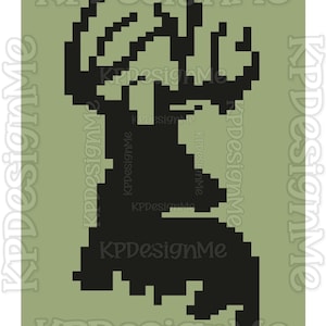 May include: A black pixel art silhouette of a deer head with large antlers centered on a muted olive green background. The design features a blocky, digital aesthetic with repeating semi-transparent text watermarks reading KPDesignMe.