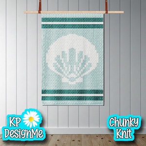 May include: A light blue and white chunky knit wall hanging with a seashell design. The wall hanging is suspended from a wooden dowel with leather straps. The words "KP DesignMe" and "Chunky Knit" are in the image.