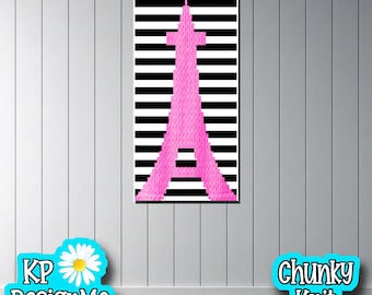 Padrão de manta Torre Eiffel: Tricô grosso com os dedos, rosa e preto (Download digital)