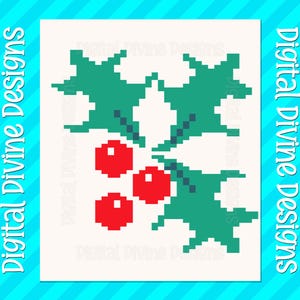 May include: A digital design featuring a pixelated holly and berries illustration. The design includes green holly leaves and three red berries on a white background, with the text "Digital Divine Designs" in white on a blue striped background.