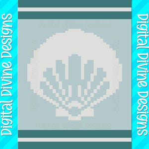 May include: A light blue rectangular design with a pixelated white seashell in the center. The words "Digital Divine Designs" are written in white on the top, bottom, and sides of the design. Teal stripes are at the top and bottom.