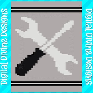 May include: A gray background with a pixelated image of two crossed wrenches, one black and one white. The text "Digital Divine Designs" is repeated around the border of the image.