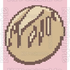 May include: A pixel art illustration of a round, tan-colored bread roll with dark brown outlines and shading. The surface features three distinct vertical slash marks in a dark brown tone, set against a light pink background with the text KPDesignMe.