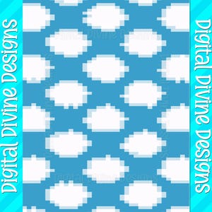 Puede incluir: Un patrón de papel digital sin costuras con nubes pixeladas blancas sobre un fondo azul claro. El patrón es perfecto para proyectos de manualidades, scrapbooking y diseño digital.