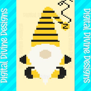 May include: A pixel art design of a gnome wearing a yellow and black striped hat with a curled brim. The gnome is sitting with its legs crossed and has a white beard.