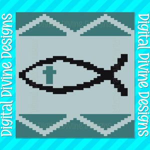 May include: A digital design featuring a pixelated fish symbol with a cross inside, set against a light blue background with geometric patterns. The words "Digital Divine Designs" are repeated around the border.