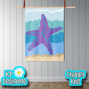 May include: A chunky knit wall hanging featuring a purple starfish design against a backdrop of blue, teal, and beige. The artwork is displayed on a wooden rod with leather straps. The words "KP DesignMe" and "Chunky Knit" are also visible.