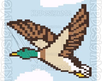 May include: A pixel art illustration of a mallard duck in flight against a light blue sky with two white clouds. The duck features a green head, a yellow beak, a brown body with darker brown wing details, and a white tail with yellow accents.