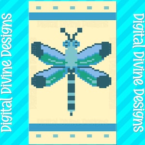 May include: A digital design featuring a pixelated dragonfly in shades of blue and green on a cream background. The design includes the text "Digital Divine Designs" in white, repeated around the image.