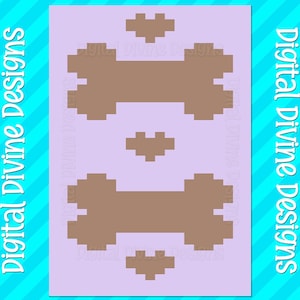 May include: A digital design featuring two brown pixelated dog bones and four small brown pixelated hearts on a light purple background. The words "Digital Divine Designs" are written in white on a blue striped background.