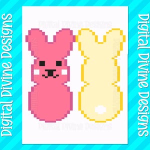 May include: A digital design featuring two pixelated Easter bunny shapes. One is pink with black and white facial details, and the other is yellow. The words "Digital Divine Designs" are in white text on a blue background.