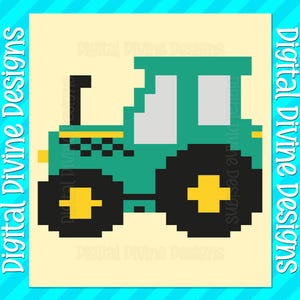 May include: A pixelated green tractor with black wheels and yellow accents. The tractor has a gray window and a black exhaust pipe. The image is surrounded by the text "Digital Divine Designs" in white on a blue background.