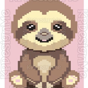May include: A pixel art illustration of a brown sloth with a cream-colored face and belly, featuring large black eyes and a small smile. The character is set against a light pink background with the repeating watermark text KPDesignMe.