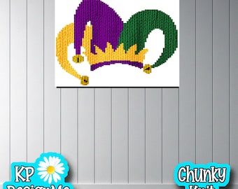 Padrão de manta com chapéu de bobo da corte do Mardi Gras: Tricô grosso (Download digital)