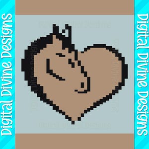 May include: A pixelated image of a brown horse's head inside a heart shape. The horse's head is black and the heart is brown. The image is surrounded by a blue background with a brown border.