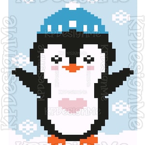 Può includere: Un'illustrazione in pixel art di un pinguino che indossa un cappello invernale blu con un pon-pon bianco. Il pinguino ha il corpo bianco e nero, il becco e le zampe arancioni e le guance rosa. Lo sfondo è azzurro con fiocchi di neve pixelati.