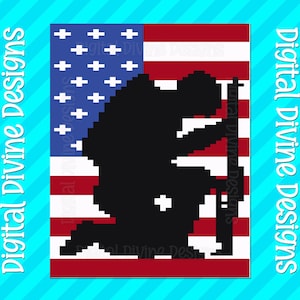 May include: A digital design showing a pixelated silhouette of a kneeling soldier with a rifle, set against an American flag. The design includes the text "Digital Divine Designs" in white, repeated around the border.