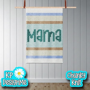 May include: A rectangular, chunky knit wall hanging with the word "Mama" in teal letters. The design features horizontal stripes in white, light blue, and tan. The wall hanging is suspended from a wooden rod with leather straps. The words "KP DesignMe" and "Chunky Knit" are in the bottom corners.