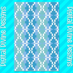 Op de afbeelding: Een digitaal ontwerp met een geometrisch patroon in tinten blauw en wit. Het patroon bestaat uit gepixelde ruitvormen. De woorden "Digital Divine Designs" staan in witte letters rond de rand.
