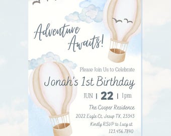 Hot Air Balloon Birthday Invitation, Adventure Party (5x7" Editable Template)