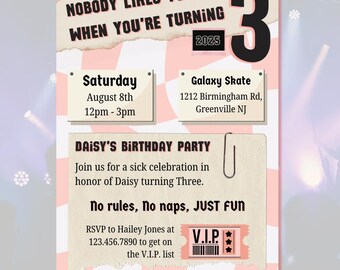 Punk Rock 3rd Birthday Invitation, Checkerboard, Emo Party (5x7 Invite)