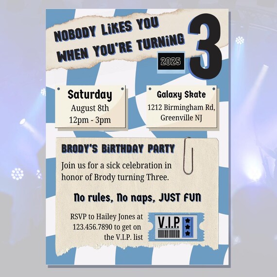 Punk Rock 3rd Birthday Invitation, Checkerboard Emo Invite (5x7in Editable Template)