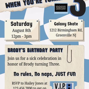 May include: A birthday party invitation for a child turning three years old. The invitation is decorated with a checkered pattern and features the text "Nobody likes you when you're turning 3". The invitation includes the date, time, and location of the party, as well as a RSVP number.