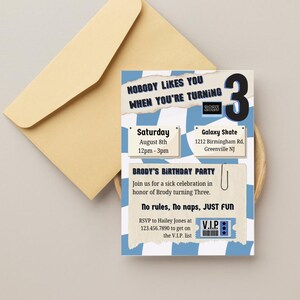 May include: A blue and white checkered birthday party invitation for a child turning three. The invitation features the text "Nobody likes you when you're turning 3" and "Brody's Birthday Party". The invitation also includes the date, time, and location of the party.