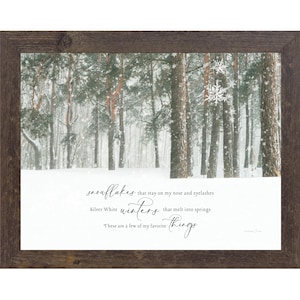 Cuadro decorativo "Cosas favoritas" – Escena de copos de nieve invernales – Decoración navideña enmarcada